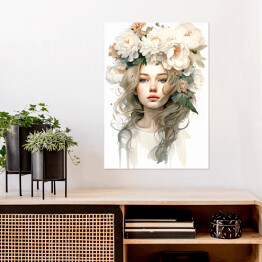 Plakat samoprzylepny Portret kobiety. Pastelowe kwiaty we włosach