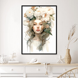 Plakat w ramie Portret kobiety. Pastelowe kwiaty we włosach