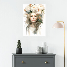 Plakat Portret kobiety. Pastelowe kwiaty we włosach