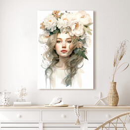 Obraz na płótnie Portret kobiety. Pastelowe kwiaty we włosach