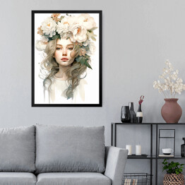 Obraz w ramie Portret kobiety. Pastelowe kwiaty we włosach