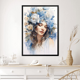 Obraz w ramie Romantyczny portret kobieta z błękitnymi kwiatami we włosach