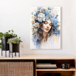 Obraz na płótnie Romantyczny portret kobieta z błękitnymi kwiatami we włosach