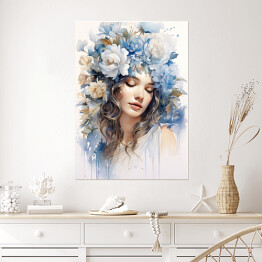 Plakat samoprzylepny Romantyczny portret kobieta z błękitnymi kwiatami we włosach