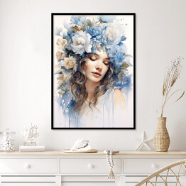 Plakat w ramie Romantyczny portret kobieta z błękitnymi kwiatami we włosach