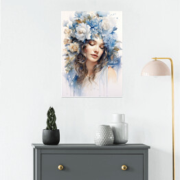 Plakat Romantyczny portret kobieta z błękitnymi kwiatami we włosach