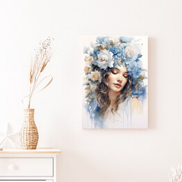Obraz klasyczny Romantyczny portret kobieta z błękitnymi kwiatami we włosach