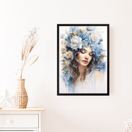 Obraz w ramie Romantyczny portret kobieta z błękitnymi kwiatami we włosach
