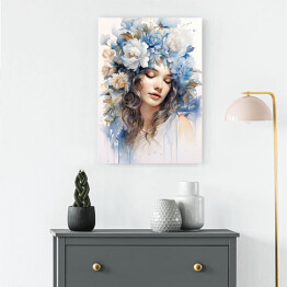 Obraz na płótnie Romantyczny portret kobieta z błękitnymi kwiatami we włosach