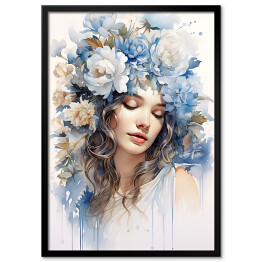 Obraz klasyczny Romantyczny portret kobieta z błękitnymi kwiatami we włosach