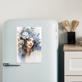 Magnes dekoracyjny Romantyczny portret kobieta z błękitnymi kwiatami we włosach