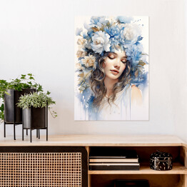 Plakat Romantyczny portret kobieta z błękitnymi kwiatami we włosach
