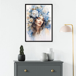 Plakat w ramie Romantyczny portret kobieta z błękitnymi kwiatami we włosach