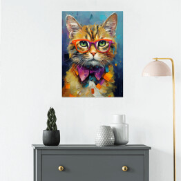 Plakat samoprzylepny Nowoczesny obraz rudy kot w okularach - portret fantasy