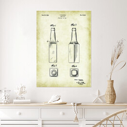 Plakat samoprzylepny Rysunek patentowy sepia butelka na piwo. Plakat rycina w stylu vintage retro 