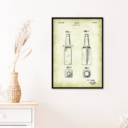Plakat w ramie Rysunek patentowy sepia butelka na piwo. Plakat rycina w stylu vintage retro 