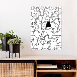 Plakat samoprzylepny Czarny kot wśród białych kotów - ilustracja 