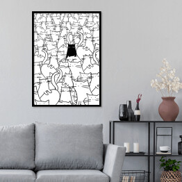 Plakat w ramie Czarny kot wśród białych kotów - ilustracja 