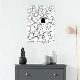 Plakat Czarny kot wśród białych kotów - ilustracja 