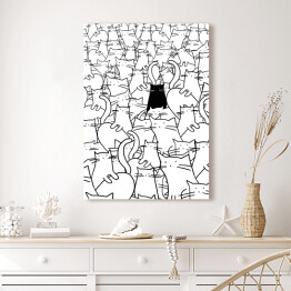 Obraz klasyczny Czarny kot wśród białych kotów - ilustracja 