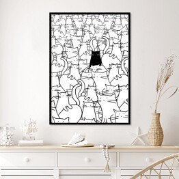 Plakat w ramie Czarny kot wśród białych kotów - ilustracja 