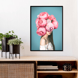 Plakat w ramie Kobieta z różowymi kwiatami