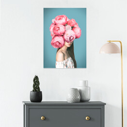 Plakat samoprzylepny Kobieta z różowymi kwiatami
