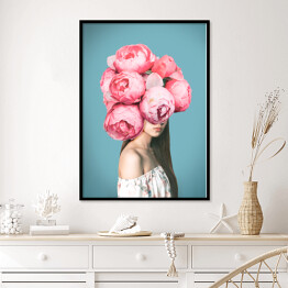 Plakat w ramie Kobieta z różowymi kwiatami