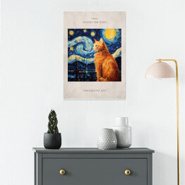 Plakat samoprzylepny Portret kota inspirowany sztuką - Vincent van Gogh "Gwiaździsta noc"