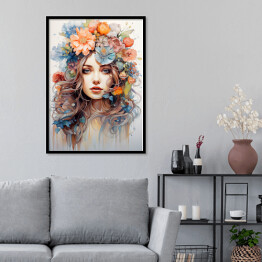 Plakat w ramie Portret kobiecy. Kwiaty we włosach
