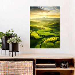 Plakat samoprzylepny Krajobraz zielone wzgórza Toskanii o poranku