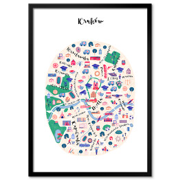 Plakat w ramie Kolorowa mapa Krakowa z symbolami