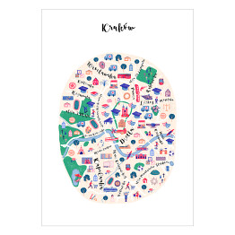 Plakat samoprzylepny Kolorowa mapa Krakowa z symbolami