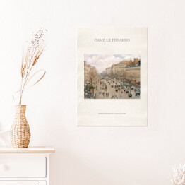 Plakat Camille Pissarro "Boulevard Montmartre w zimowy poranek" - reprodukcja z napisem. Plakat z passe partout