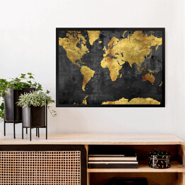 Obraz w ramie Mapa świata w odcieniach złota na ciemnym tle