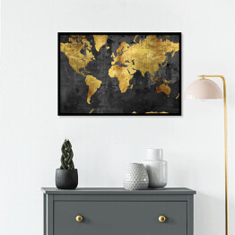 Plakat w ramie Mapa świata w odcieniach złota na ciemnym tle