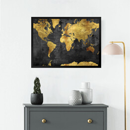 Obraz w ramie Mapa świata w odcieniach złota na ciemnym tle