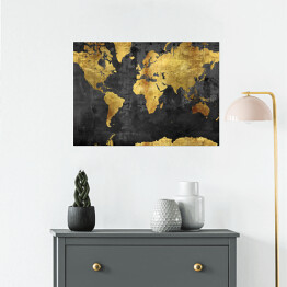 Plakat samoprzylepny Mapa świata w odcieniach złota na ciemnym tle