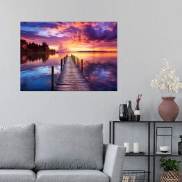 Plakat samoprzylepny Różowy zachód słońca nad jeziorem