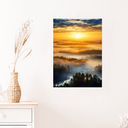 Plakat Pejzaż zachód słońca nad lasem we mgle