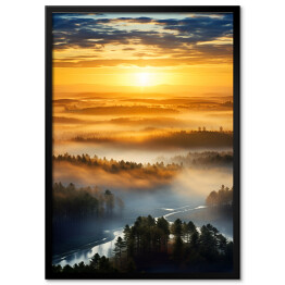 Plakat w ramie Pejzaż zachód słońca nad lasem we mgle