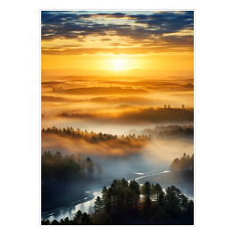 Plakat Pejzaż zachód słońca nad lasem we mgle