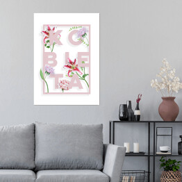 Plakat Typografia - napis "kobieta" z różowymi kwiatami