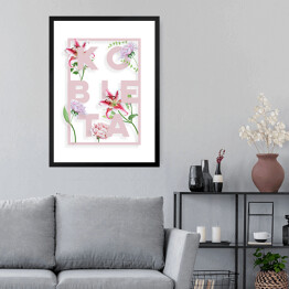 Obraz w ramie Typografia - napis "kobieta" z różowymi kwiatami