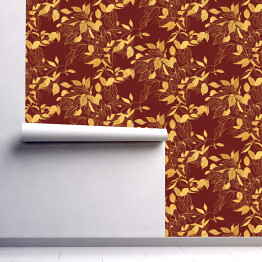 Tapeta samoprzylepna w rolce Złote liście na bordowym tle