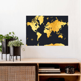 Plakat samoprzylepny Stylowa złota mapa świata na ciemnym granatowym tle