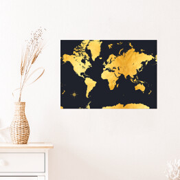 Plakat Stylowa złota mapa świata na ciemnym granatowym tle