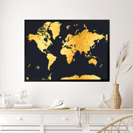 Obraz w ramie Stylowa złota mapa świata na ciemnym granatowym tle