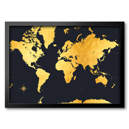 Obraz w ramie Stylowa złota mapa świata na ciemnym granatowym tle
