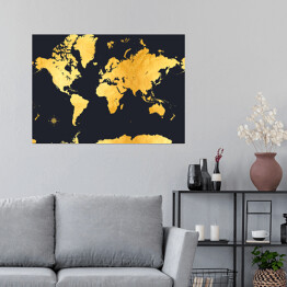 Plakat Stylowa złota mapa świata na ciemnym granatowym tle